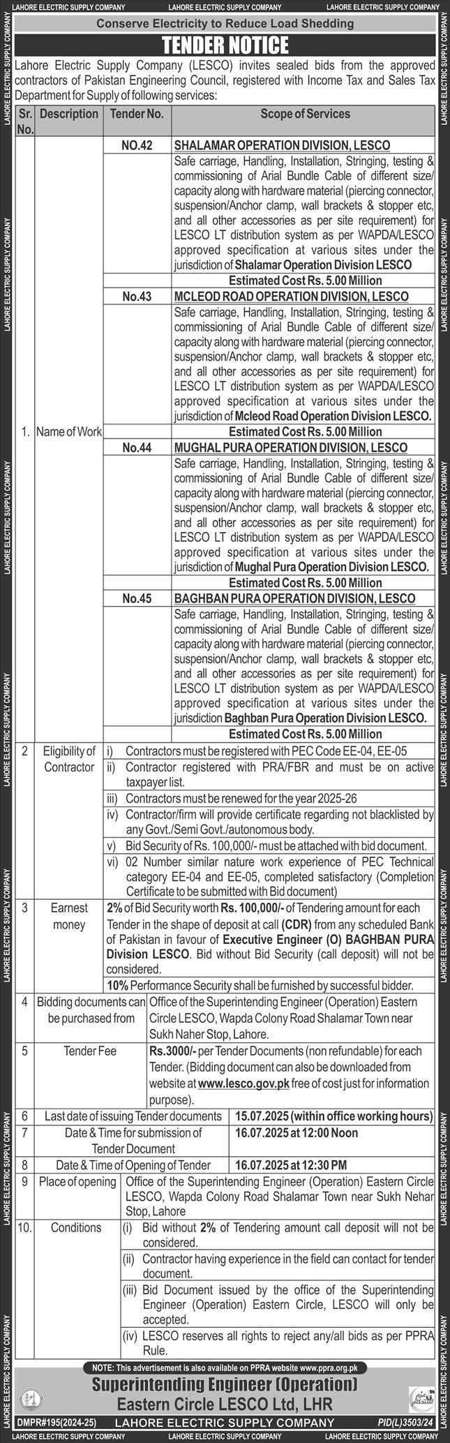Lahore Electric Supply Company Lahore Tender Notice